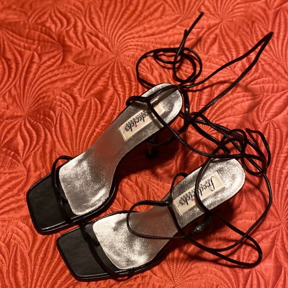 🖤 Vntg FOH Black Lace Up Square Toe Sandals 7.5 - Picture 5 of 14